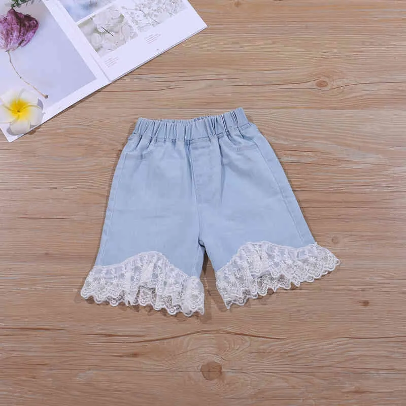 Summer Girl Clothing Sets Fashion Children Clothes Bubble Sleeve Top +Lace Stitching Denim Shorts Toddler Kids Outfits 210515