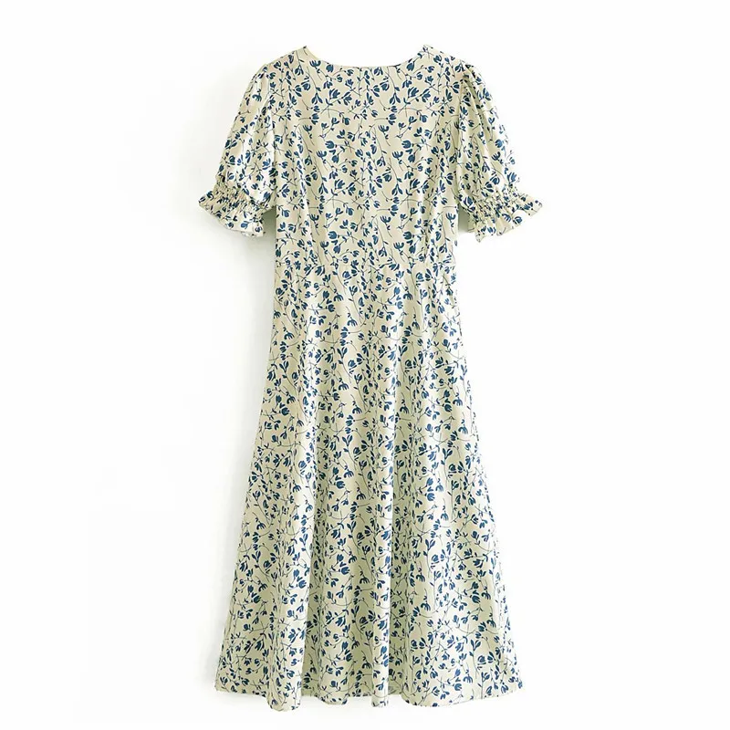 Doux femmes col en V manches bouffantes robe été mode dames collège Style mignon femme Floral Split 210515