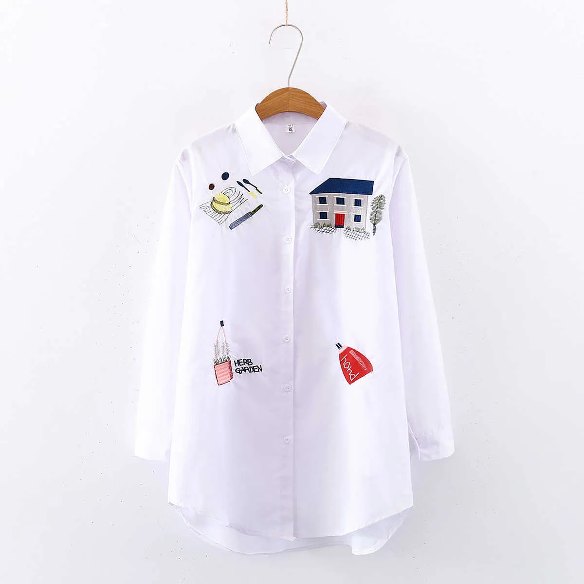 Women Embroidery Long Sleeve White Shirt Button Up Turn Down Collar Cute Cartoon Blouse Long Tops Feminina Blusas T9D62 210721