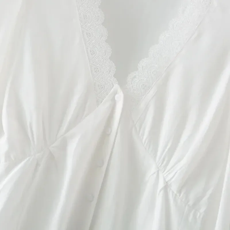 Moda Kobiety V Neck Koronki Łączenie Biała Koszula Kobieta Z Długim Rękawem Bluzka Casual Los Loose Topy Blusas S8762 210430