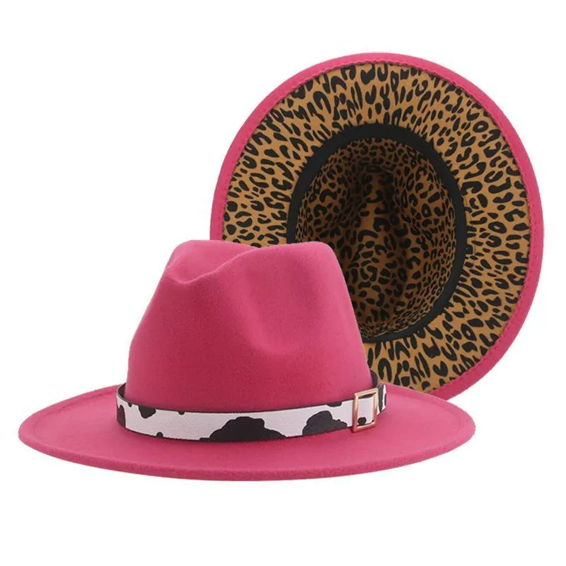 Szerokie brzegowe czapki dla kobiet fedoras hat lampart patchwork Panama Winter Men Belt Vintage Cowboy Jazz Caps Sombreros de Mujer