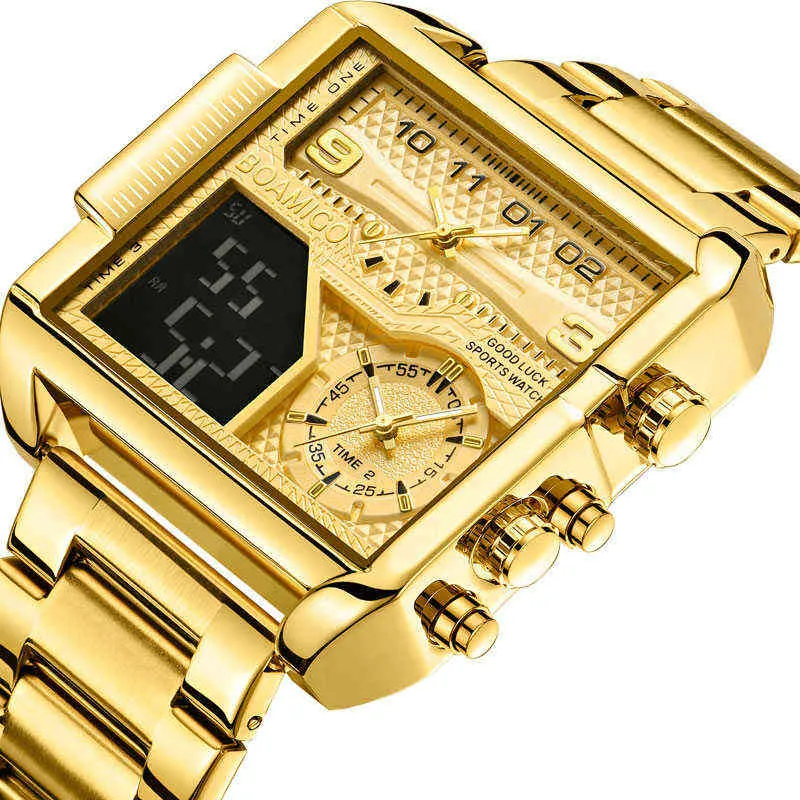 BOAMIGO Top marque de luxe mode hommes montres or acier inoxydable Sport carré numérique analogique grande montre à Quartz pour homme 211124224G
