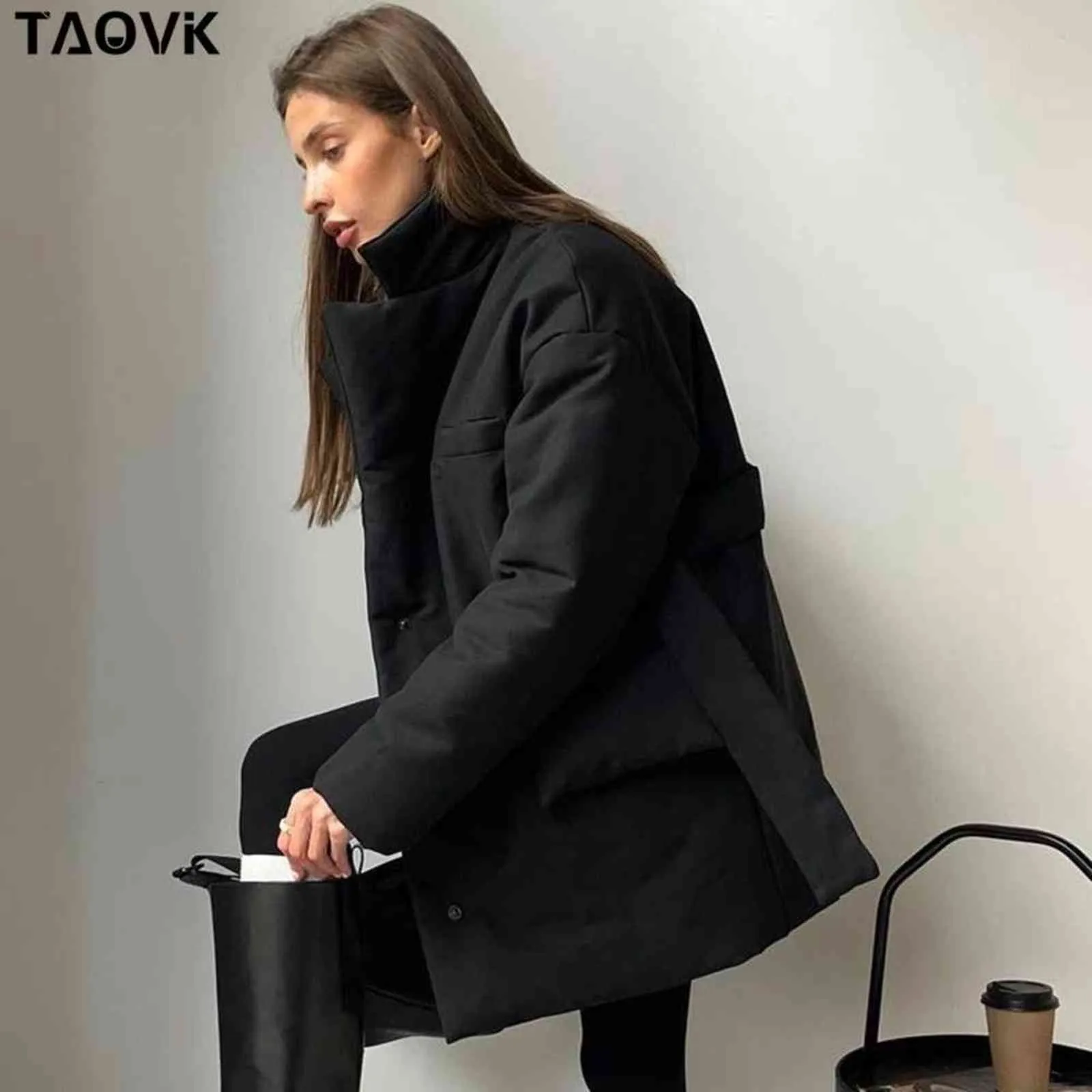 TAOVK Parka corto invernale da donna caldo piumino in cotone femminile casual capispalla allentato cintura cappotto imbottito in cotone 211130