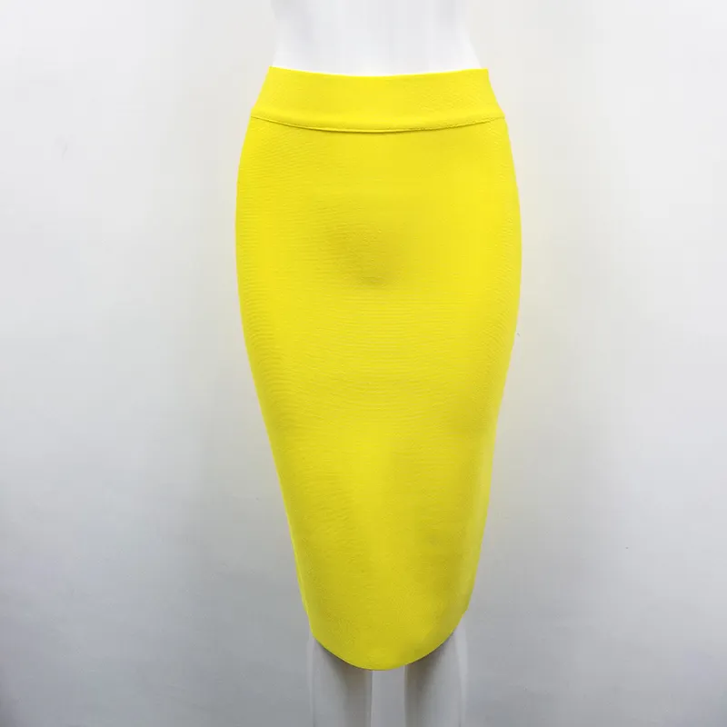 Damens kjol av toppkvalitet Knäslängd svart gul grön rayon bandage blyerts kvinnor mode formell kjol 210331