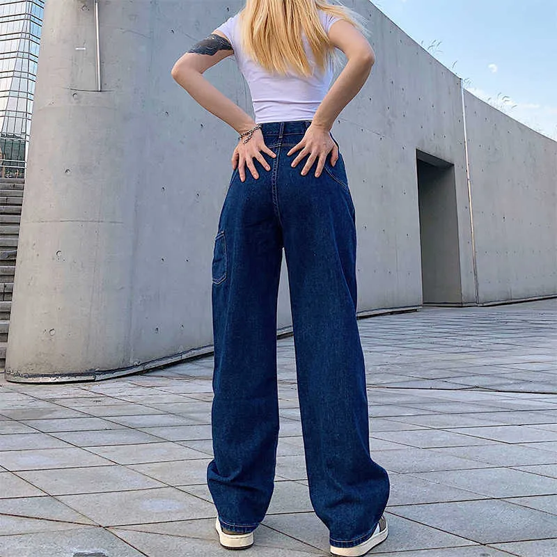 Retro Blue Woman Jeans Causal Losse Baggy Hoge Taille Skinny Pockets Cargo Broek Rits Button Wide Been Mujer Pantalones 210922