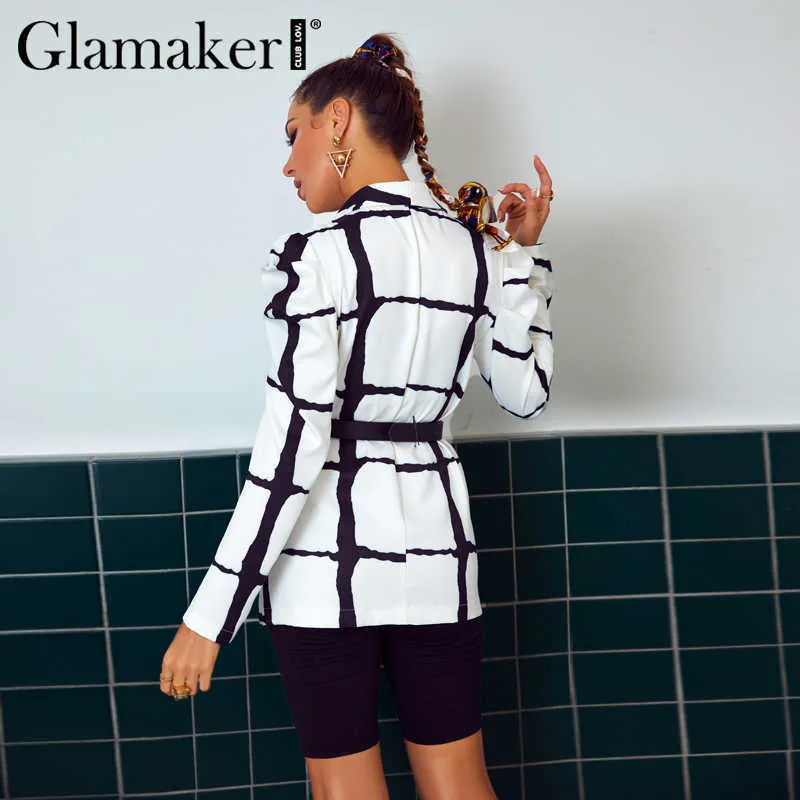 Glamaker Plaid tiefer V-Ausschnitt sexy Blazer Frauen Herbst Langarm weiß Büro Damen Mantel Elagent Mode Jacke 211019