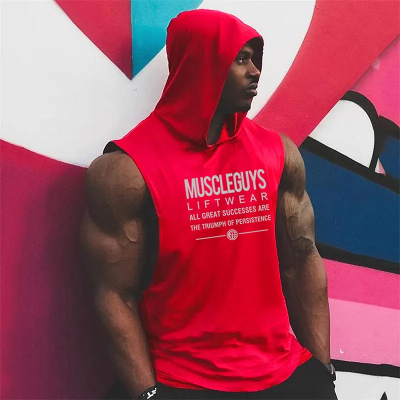 Muscleguys Lightwear Рубашка без рукавов с капюшоном бренд спортивные залы одежда фитнес мужчины бодибилдинга стрингеры танк вершины Singlets 210421