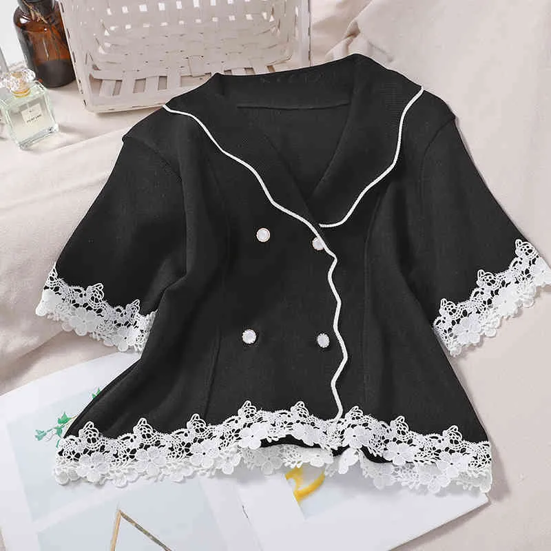 Korobov Fashion Age-reducing Sweet Contrast Color Wave Doll Lapel Wild Knit Sweater Female Stitching Lace Short Sleeve Cardigan 210430