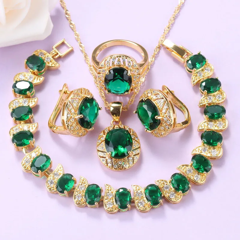 Luxe goudkleur Dubai Sieraden Groene Cubic Zirconia Charm Armband Ketting en Oorbellen Sets voor Dames Gift
