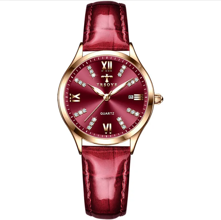 Trsoye marka wina czerwona tarcza temperament damski zegarek oddychający skórzany pasek Rażące Diamentowe Panie zegarki Luminous Funkcja Tren2095