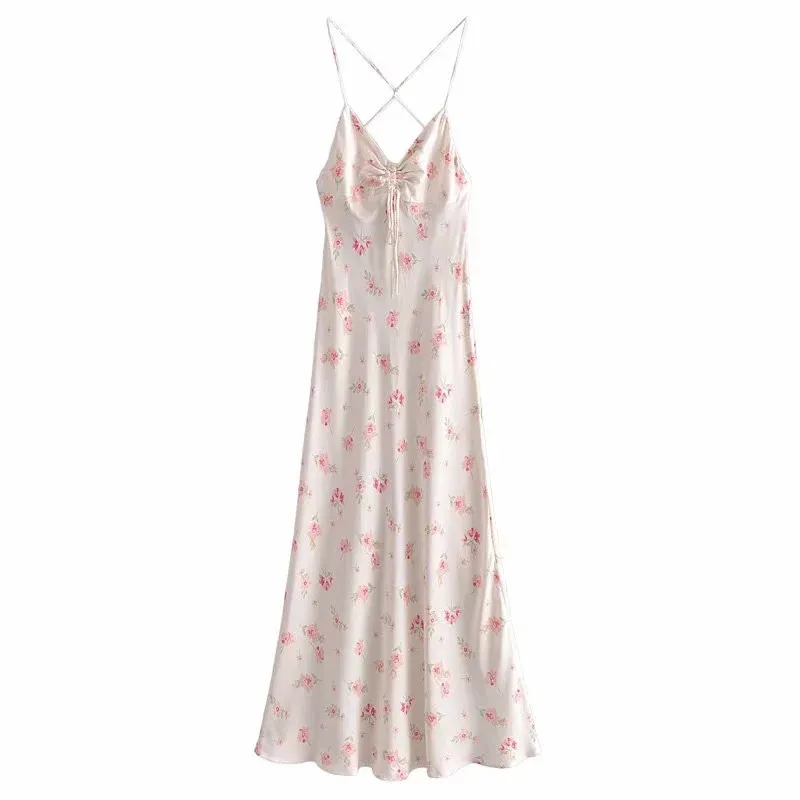 Floral Dress Woman Slip Backless Long Summer Women Ruched Straps Sleeveless Beach Midi Sexy Ladies es 210519