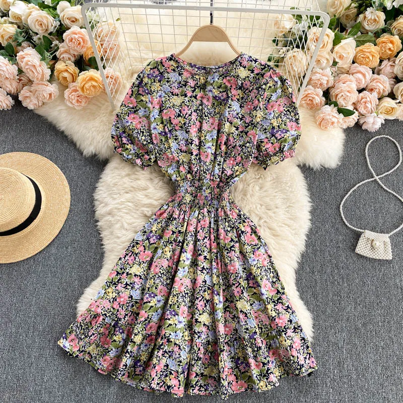 Singreiny Koreaanse Retro Floral Jurk Dames Bladerdeeg Mouw O Hals A-Lijn Ruffles Jurken Zomer Boheemse Print Ruched Short Dress 210419