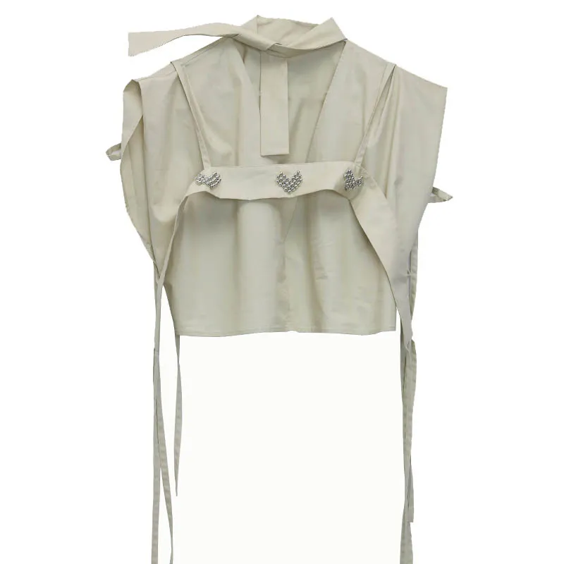 DEAT Women Khaki Bandage Yellow Hollow Out Blouse New V-collar sleeveless sexy Shirt Fashion Spring Summer 1X88107 210428