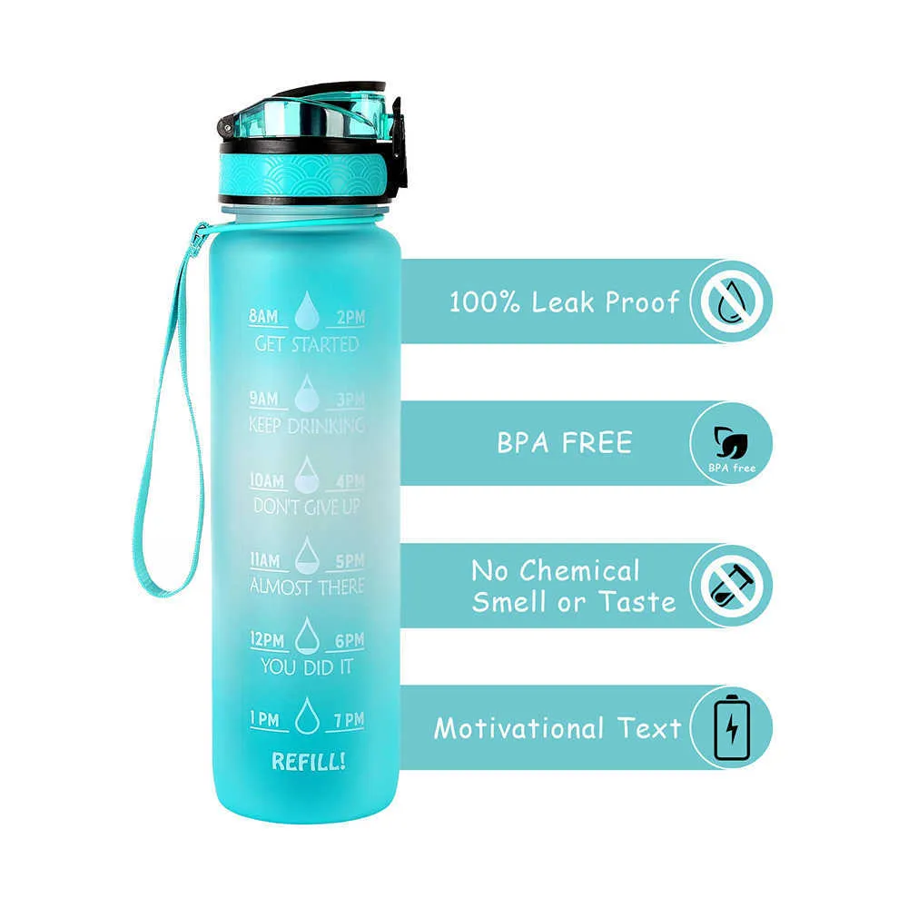 1L Tritan Material Water Fles met Tijd Marker BPA Gratis Frosted Leakproof Draagbare herbruikbare beker voor buitensporten Fitness 211013