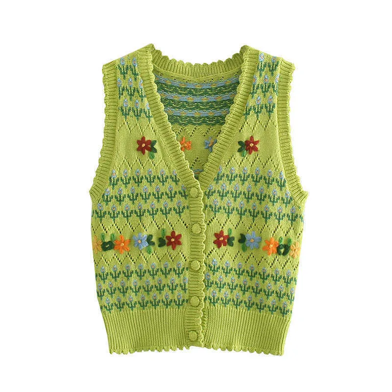 ZA Knit Bordado Bordado Sweater Mulheres Sem Mangas Jacquard Flores Vintage Cardigan Mulher Chic Button Up Blunetra de Malha 210602
