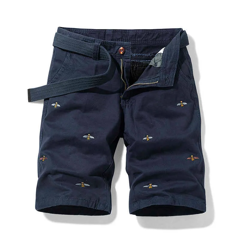 Summer Men Solid Color Embroidery Pattern Cargo Shorts Cotton Beach Casual Bermuda Overalls Pocket Decoration 210714