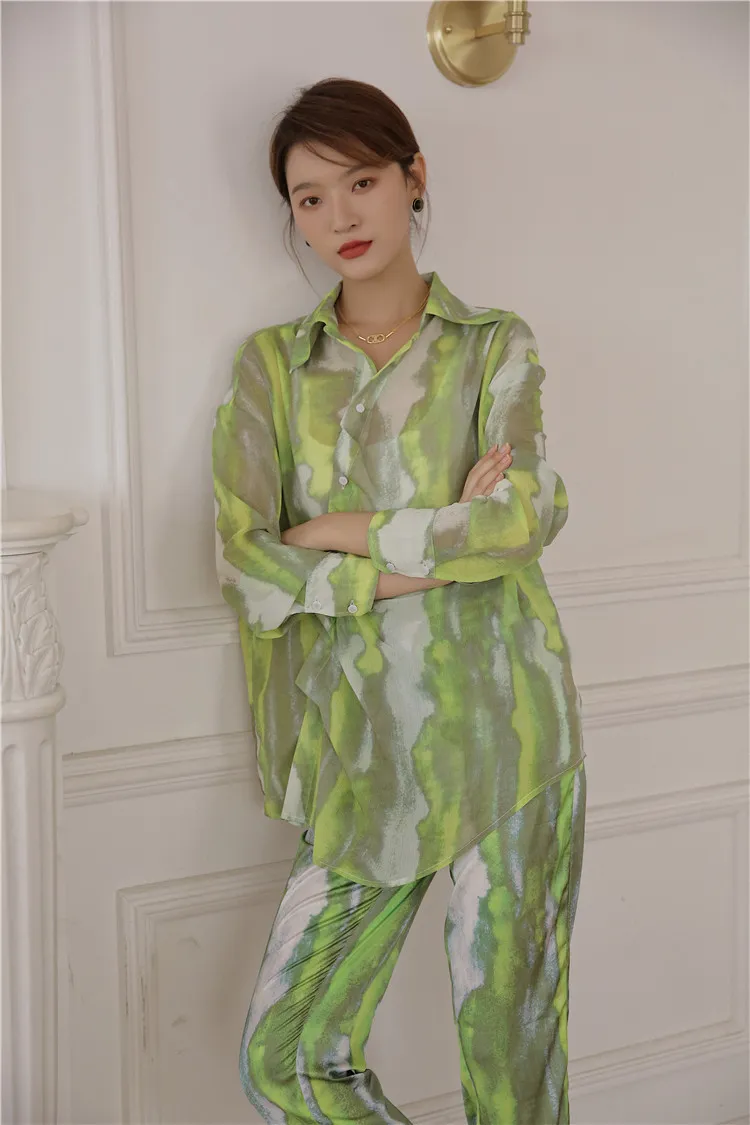 Camicetta a maniche lunghe verde tie-dye da donna, camicia trasparente con colletto abbottonato, abiti firmati autunno 210427