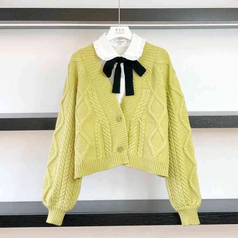 Women Chic Short Style Crop Knit Cardigans V neck Long Sleeve Twisted Sweater Poncho Lantern Coat 210430