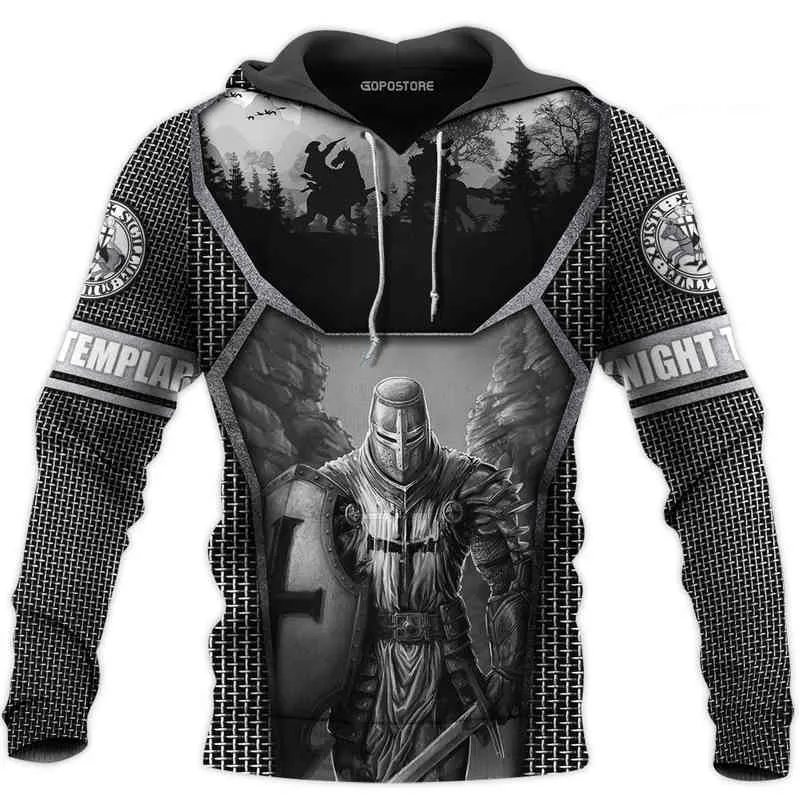 Medeltida riddare Templar Oversize Hoodies 3d Print Sweatshirts Hip Hop Style Kläder Män Pullover Cool Hoodie Casual Jacket