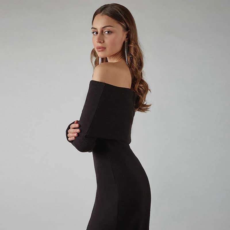 Temperament White Slash Neck Off-shoulder Slim Skinny Pencil Dresses Autumn Winter Ladies Black Long Prom Dress Vestido Femenino 210604