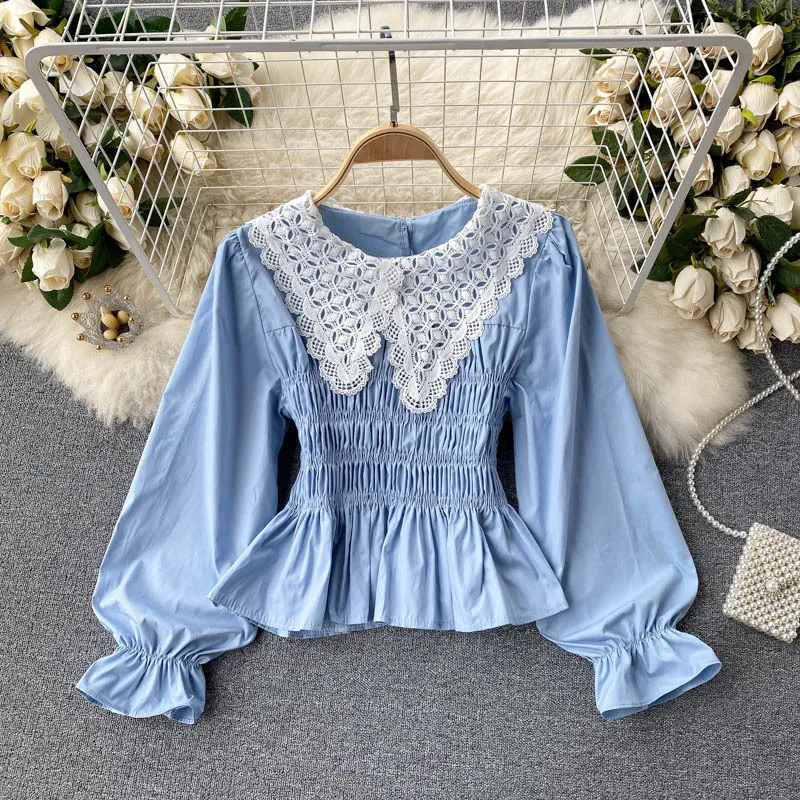 Singreiny Kobiety Koreańscy Bluzki Design Hollow Peter Pan Collar Długi Rękaw Wzburzyć Top Wiosna Elastyczna Ruched Streetwear Topy 210419