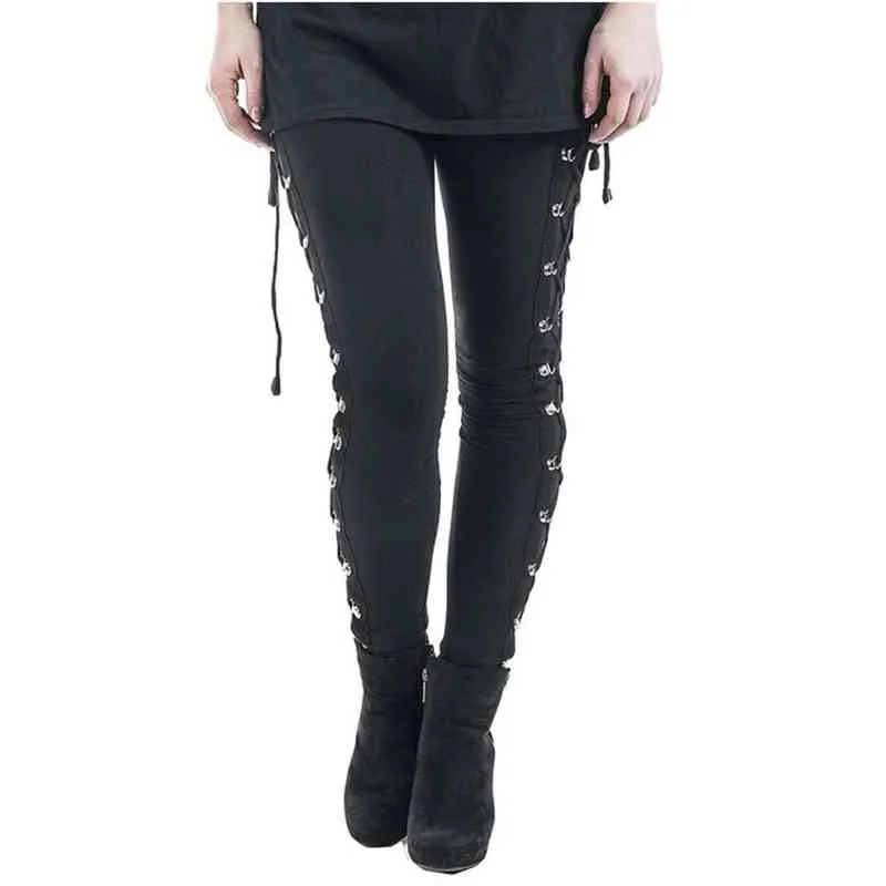 Leggings punk gotici da donna Casual tinta unita sottile in cotone dritto femminile pantaloni skinny con lacci neri Streetwear #T2G 211204