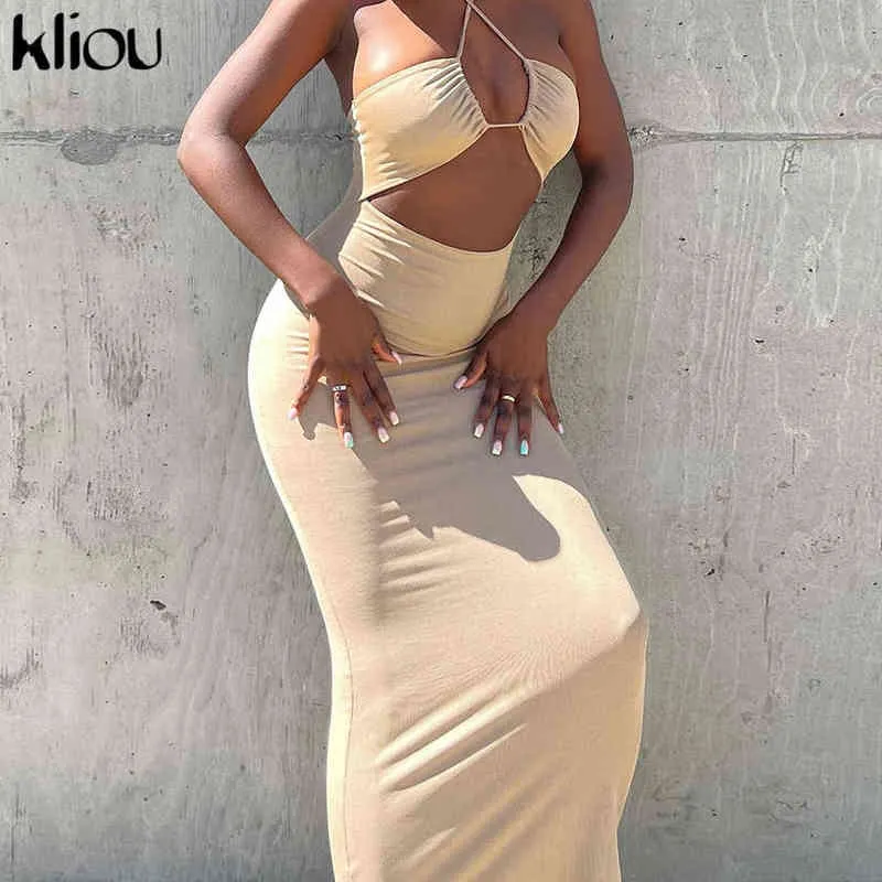 Kliou Solid Vintage Maxi платье BodyCon Halter Bandage Colalevage HALLOW OUT Одежда Хипстер Сексуальная полуночная вечеринка Streetweart Hot Y1204