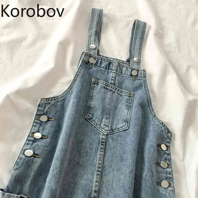 Korobov Preppy Style Femmes Spaghetti Strap Dress Japonais Coréen Vintage Robes Nouveau Chic Bouton Poches Denim Vestidos 210430