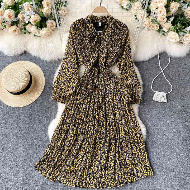 Singrainy Femmes Français Sweet Print Blouse Coréen Chic Bow Collier Puff Manches A-Line Robes Automne Mode Streetwear Robe Midi 210419