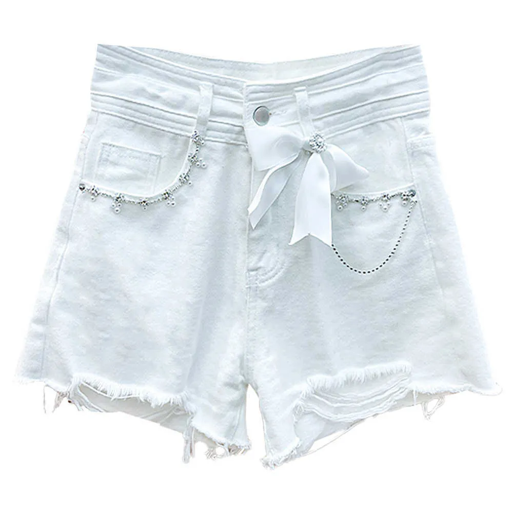 [Deat] zomer mode effen kleur hoge taille kralen boog temperament elegante vrouwen denim shorts 13Q297 210527