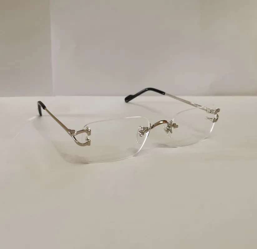 Anteojos sin montura Marcos de lentes transparentes de metal plateado Marcos de gafas de sol de moda para hombres con Box245d
