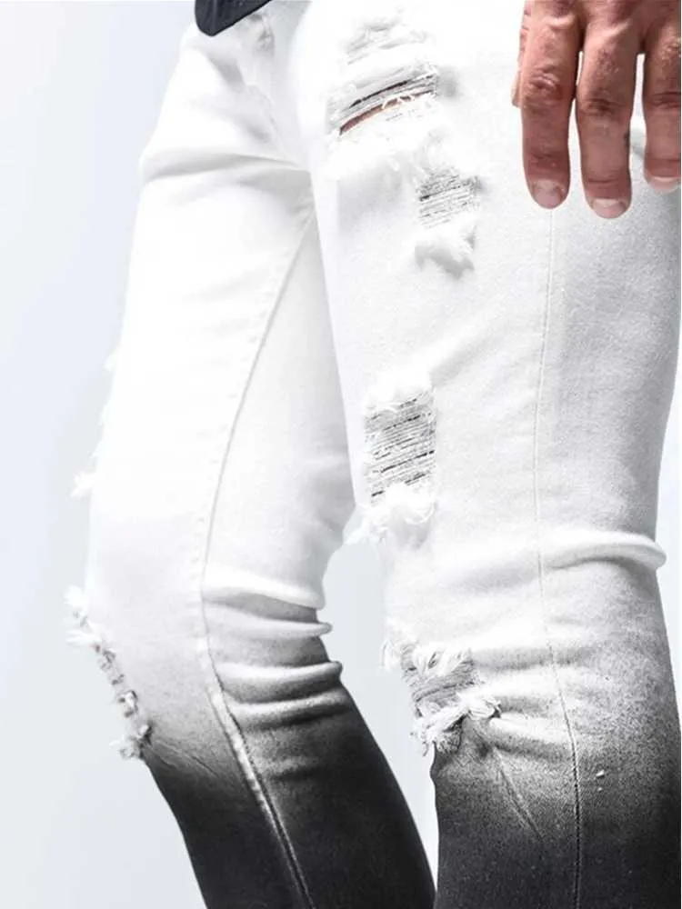 Весна времени мужская тощая растяжение разорванные мужские джинсы тонкий подходящий джинсовые брюки уличные одежды градиент белый черный бегать джинсы мужчин х0621