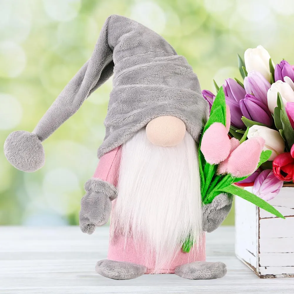 Ornement de poupée naine sans visage tenant tulipe gnome mignon décoration de bureau bonne fête des mères maison fête décor jouets poteau debout