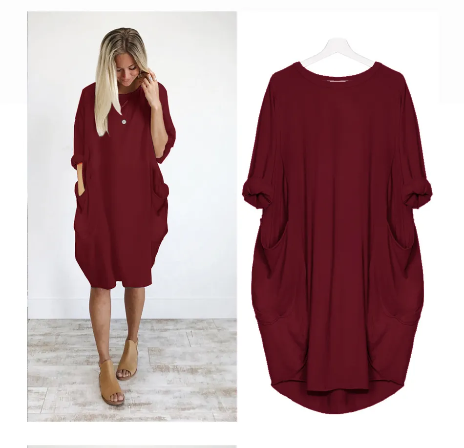 Plus size 5xl mulheres casuais bolso solto manga longa t-shirt vestido verão o-pescoço moda senhora elegante stroetwear vestido x0521