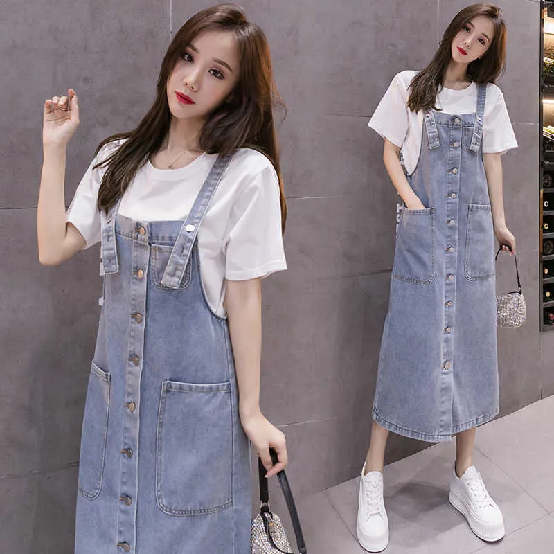 Jeans Elbise Tek Göğüslü Büyük Cepler Yaz Midi Bayan Denim Sundress Artı Boyutu Bayanlar Gevşek Mavi Askı 5XL 210604