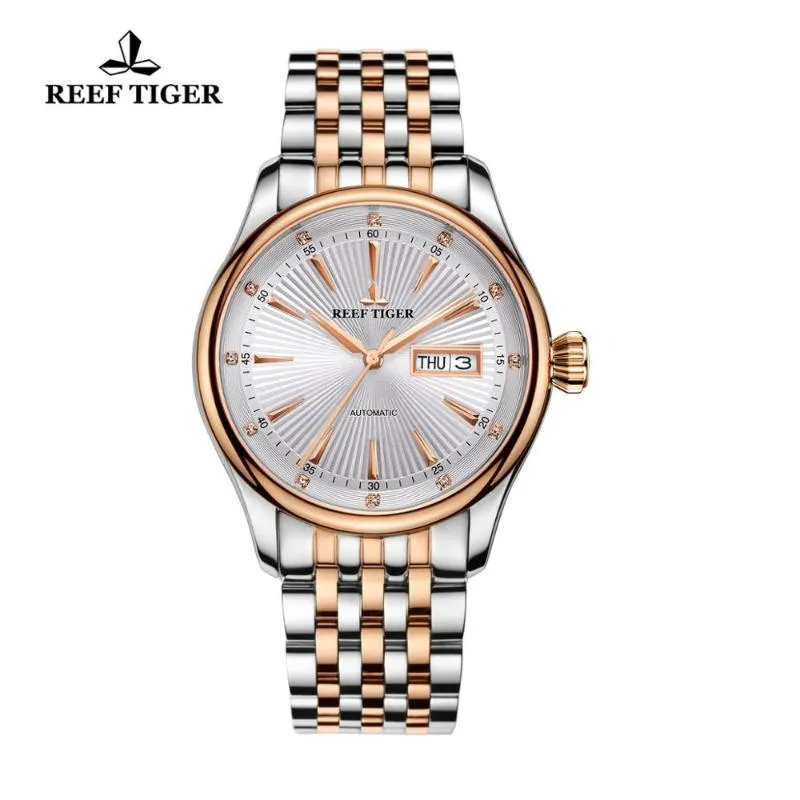 Reef Tiger RT Classic Prophet Luxus-Kleideruhr, blaues Zifferblatt, zweifarbiges Gehäuse, Herren-Automatikuhr RGA8232, Armbanduhren219I