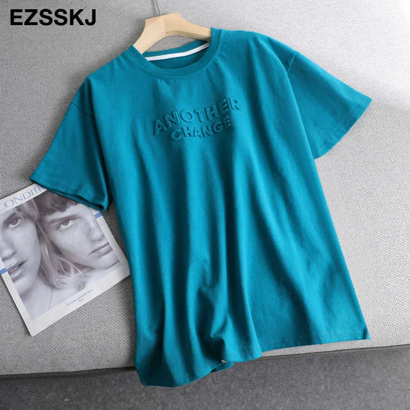 Camiseta básica con letras en 3D para mujer de primavera y verano, camiseta informal holgada de manga corta con parte inferior de algodón de color caramelo, Tops gruesos para mujer Y0629