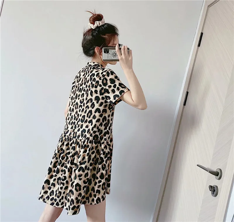 Abito da donna con bottoni testurizzati leopardati corti donna moda estiva stampa animalier maniche con colletto da donna es 210519