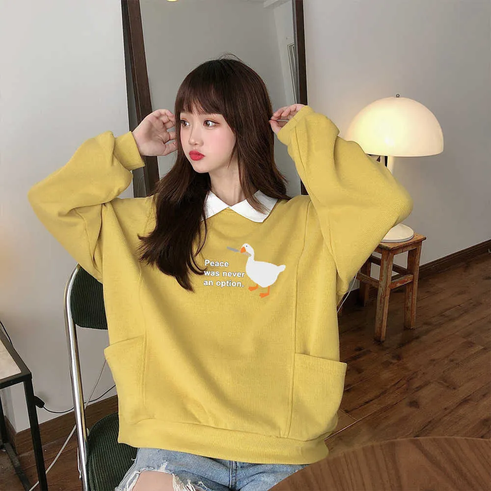 Harajuku Kawaii Goose Sweat à capuche surdimensionné Fille Sweatshirts Lâche Col Swearshirt Sweat à capuche Esthétique Sweatsuit 210809