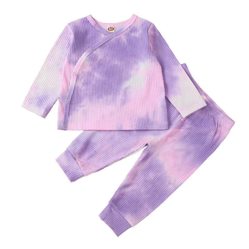 Winter Kinder Sets Casual Langarm O Neck T-shirt Lila Tie-dye Hosen Nette 2 stücke Mädchen Kleidung 0-2T 210629