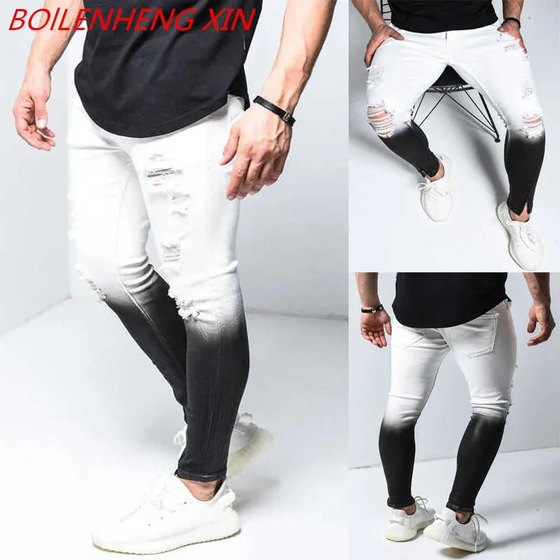 Springtime Heren Skinny Stretch Ripped Male Jeans Slim Fit Denim Broek Streetwear Gradiënt Wit Zwart Jogging Jeans Mannen X0621