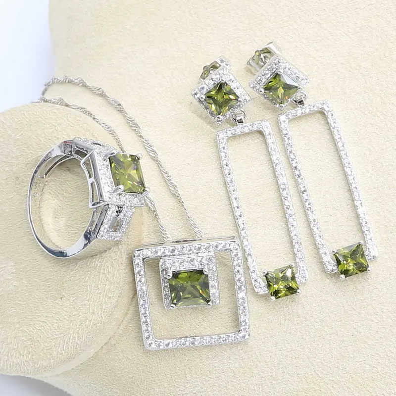 Géométrique Vert Olive Zircon Argent Couleur Ensemble de Bijoux pour Femmes Bracelet De Mariée Longue Boucle D'oreille Collier Pendentif Anneau Cadeau D'anniversaire H1022