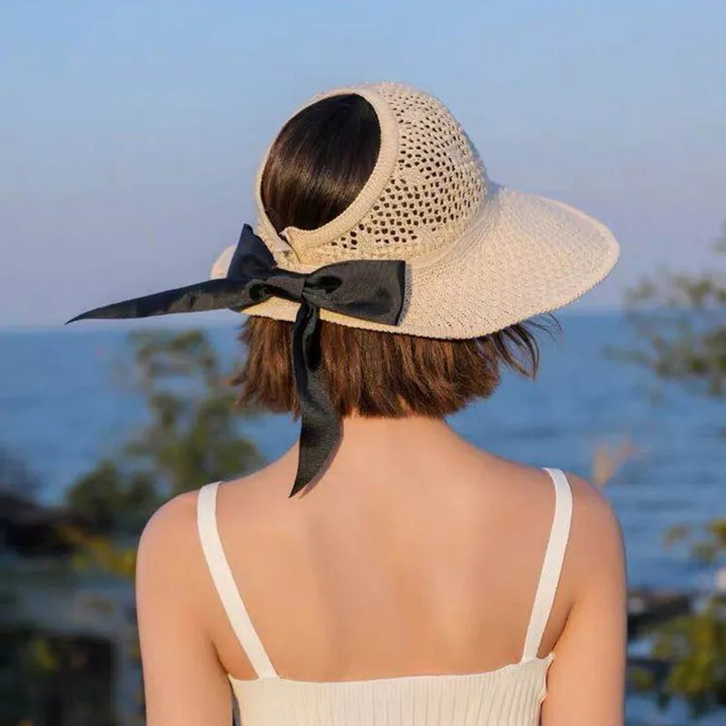 Mulheres Dobrável Algodão Crochet Beach Grande Brim Sol Visor Ponynatil Bonés com Curva Ajustável Chapéu Displicável