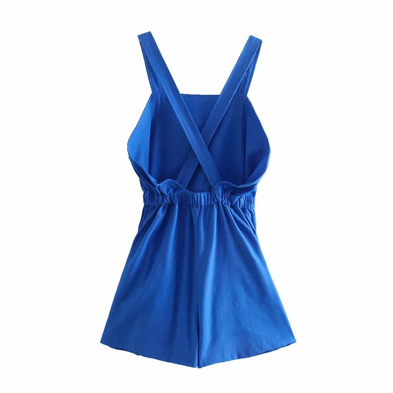 Casual Woman Blue Backless Hemp Playsuits Summer Fashion Female Safari Style Sling Rompers Ladies Streetwear Romper 210515