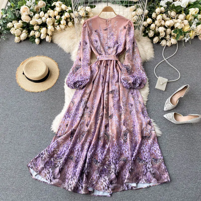 Wiosna Jesień Vintage Kobiety O-Neck Buth Sleeve Butterfly Floral Print Dress Casual Loose Sash Tie Up Fioletowy 210423