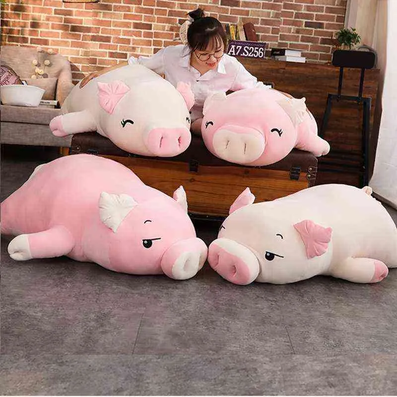 40-75cm Squishy Pig Stuffed Doll Lying Plush Piggy Toy Animal Soft Plushie Hand Warmer Pillow Blanket Kids Baby Comforting Gift Y211119