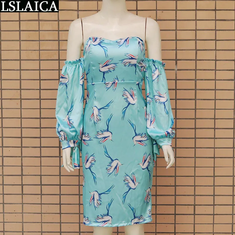 Party dress off the shoulder Red-crowned Crane print backless fashion sexy female long sleeve bandage bodycon ladies 210515