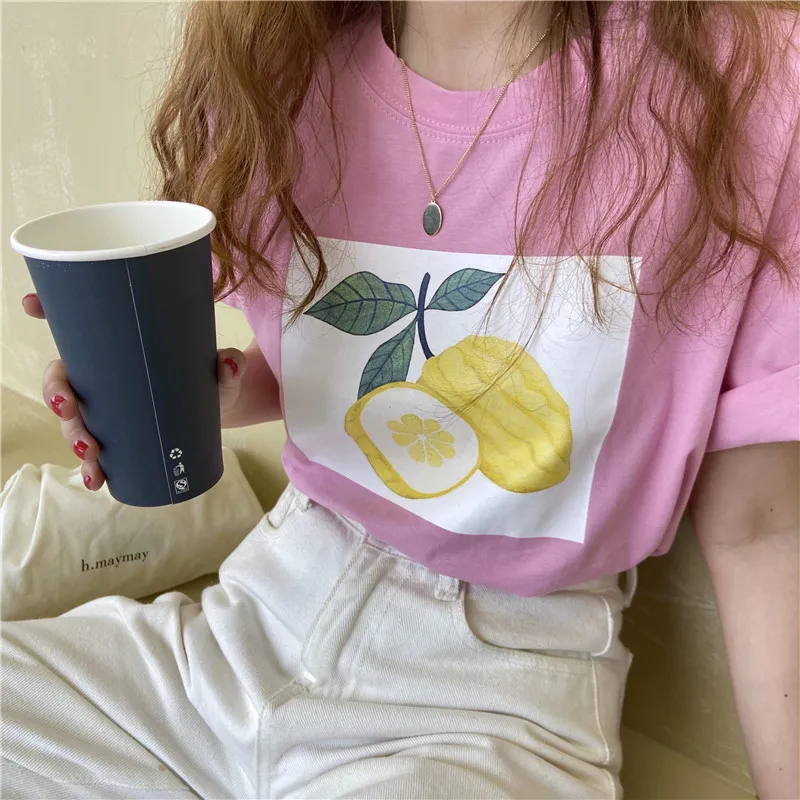 Basewear Chic Loose Sale Toppar Casual Prom Tee Retro Sommar Lemon Tryckta Kortärmad Pullovers T-shirts 210525