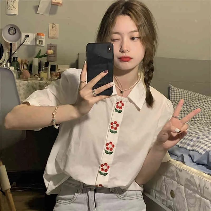 Kore yaz kadın yaka bluz tatlı nakış puf kısa kollu rahat gömlek kadın moda giysileri 210518