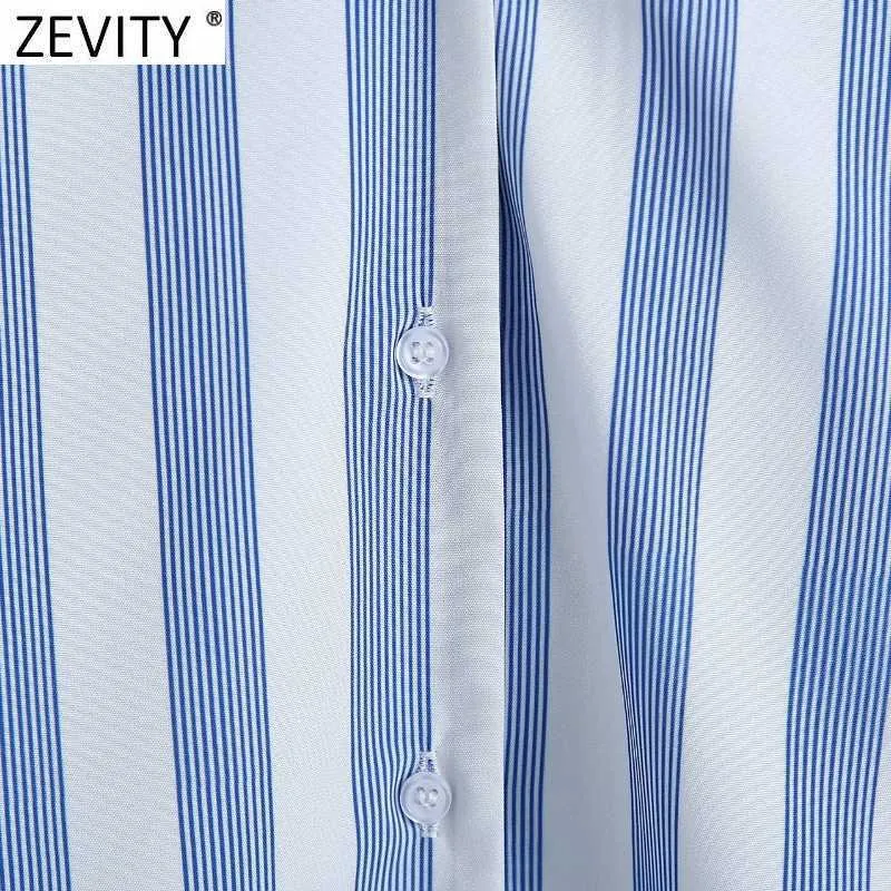 Zevity Women Sweet Peter Pan Collarストライププリントカジュアルシャツオフィスレディランタンスリーブブラウスシック夏Blusas Tops LS9158 210603